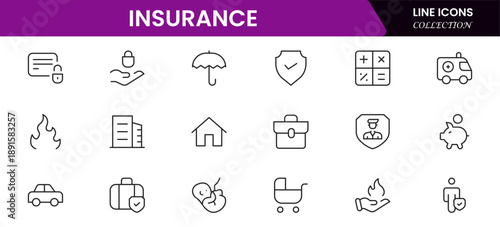 Insurance and assurance icon set. Containing healthcare medical, life, car, home, travel insurance icons.