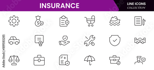 Insurance and assurance icon set. Containing healthcare medical, life, car, home, travel insurance icons.