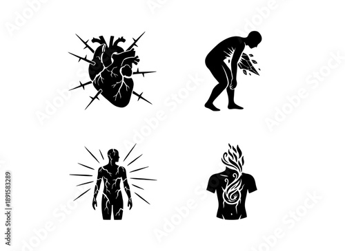 Emotional Stress and Inner Conflict Icon Set Illustrating Anxiety, Psychological Pressure, Mental Burden, and Human Struggle