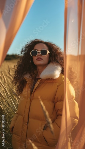A stylish fashion model wearing a yellow puffer jacket and sunglasses poses under flowing fabric in a golden meadow. The high-end fashion look blends with the enchanting outdoors.