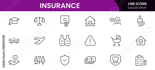 Insurance and assurance icon set. Containing healthcare medical, life, car, home, travel insurance icons.