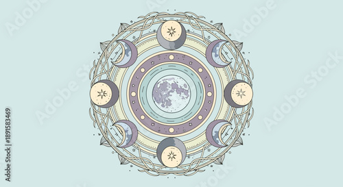 Intricate circular design featuring phases of the moon and celestial motifs.