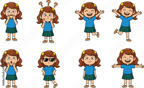 Cute Cartoon Girl Character Showing Different Emotions and Poses, Happy Confused Surprised Expressions for Children Education, Emotions Learning, Animation and Kids Illustration Projects