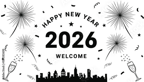 Happy New Year 2026 celebration with fireworks champagne and city skyline