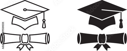 Two graduation cap icons one outlined one solid black with diplomas