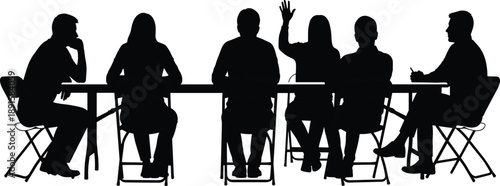 Silhouettes of people sitting around a table one person raising hand group meeting