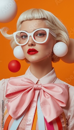 A fashion model with white ball accessories and red, bold makeup against a bright orange background. A mix of surreal pop-art style and editorial elegance.