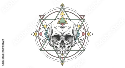Intricate skull illustration with geometric shapes and mystical symbols.