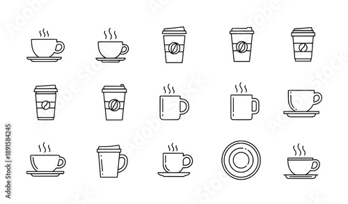 Minimal coffee cup line icon set with hot drink symbols isolated on white background vector