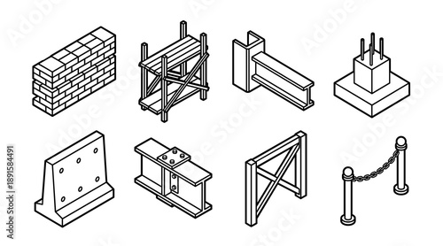 Collection of isometric line art icons representing construction elements including scaffolding brick walls steel girders concrete foundations and safety barriers for architecture