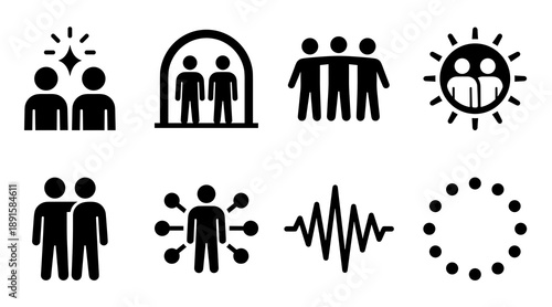 Black and white vector icons depicting human relationships social networking community support teamwork partnership communication symbols for web design and mobile applications