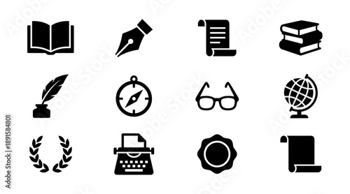 Collection of black silhouette icons representing literature education and classic writing tools including typewriter fountain pen scroll books globe and laurel wreath