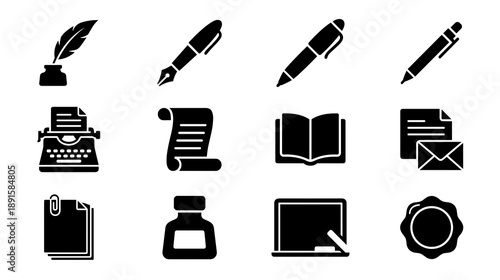 Collection of black solid icons representing various writing tools including fountain pens typewriter scroll open book envelope and ink bottle for creative projects