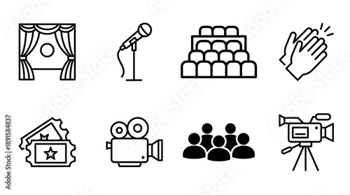 Collection of black and white linear icons representing entertainment industry elements like stage performance movie production public events audience and professional filming equipment