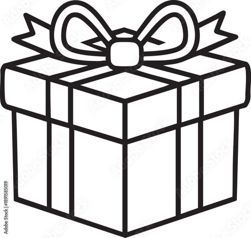 A simple line drawing depicts a present with a large bow on top a classic gift silhouette