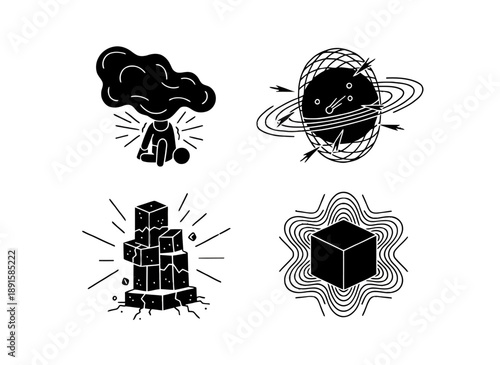 Abstract power and transformation symbol icon set featuring explosion force, cosmic energy, structural growth, and mystery core concepts for modern design use