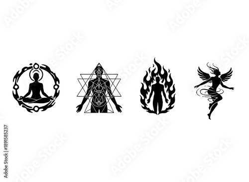 Spiritual Transformation and Ascension Icon Set Representing Inner Awakening, Symbolic Growth, and Metaphysical Energy States