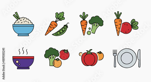 Healthy Eating with Fresh Vegetables and a Delicious Meal, Rice, Soup, and Salad Ingredients