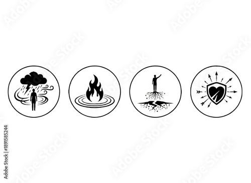 Elemental life balance symbol icon set combining growth, fire energy, self awakening, and inner strength for mindfulness and personal development concepts