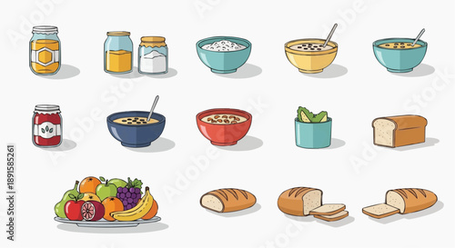 Colorful Assortment of Breakfast Food Staples in a Flat Design Vector Illustration, Featuring Grains, Fresh Produce, and Spreads for Daily Nutrition