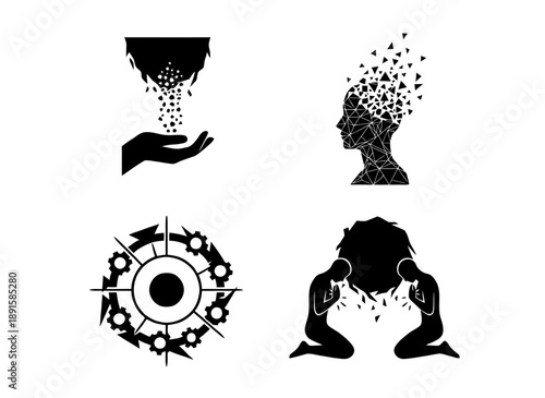Human Creation and Mechanical Thought Icon Set Illustrating Innovation, Cognitive Processing, Technology Influence, and Conceptual Mind Systems