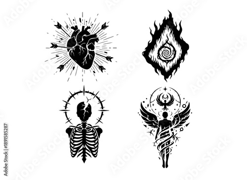 Emotional Anatomy and Inner Energy Icon Set Representing Heart, Mind, Spiritual Power, and Psychological Strength Symbols