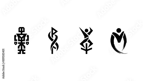 Abstract Cultural and Symbolic Figure Icon Set Representing Identity, Ritual Movement, and Conceptual Human Expression in Minimal Black Design