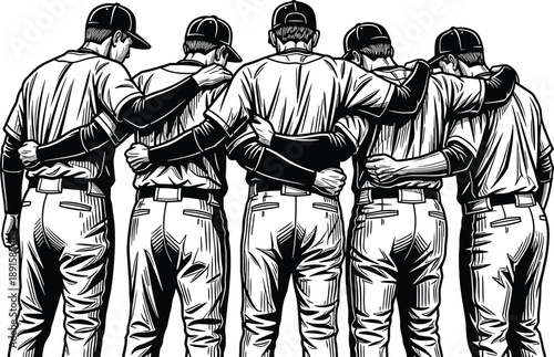 Baseball team unity illustration with players standing together arms around shoulders, teamwork and sportsmanship concept, vintage line art style isolated on white background