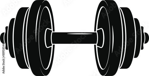 Black dumbbell silhouette icon for fitness and strength training, gym workout equipment illustration isolated on white background for sports, health, and bodybuilding design