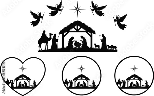 Nativity scene with baby Jesus, Mary, Joseph, angels, wise men, animals, Bethlehem star, Christmas religious birth illustration design, flat vector