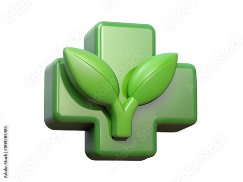 Green medical cross with fresh leaves symbolizing natural health and organic remedies