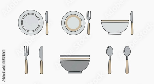 Assorted tableware and cutlery set displayed on a clean surface from a direct overhead viewpoint