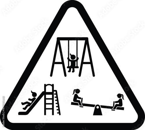 Triangular warning sign for playground area with children on swing, slide and seesaw