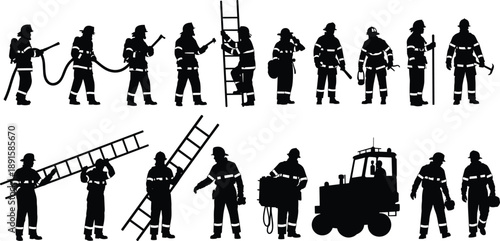 Firefighter silhouettes collection showing emergency rescue actions, fire brigade equipment and teamwork scenes, professional first responder illustration isolated on white 