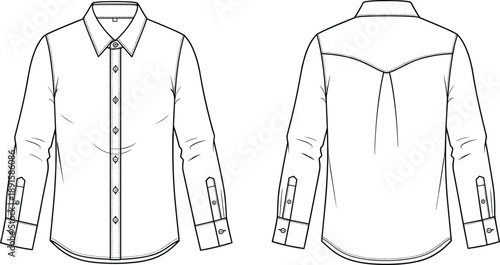 Women long sleeve button down shirt technical drawing front and back view, fashion flat sketch, apparel design template, tailoring details, clothing production illustration