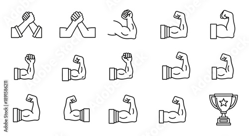 Set of Simple Line Icons Featuring Flexed Biceps and Dumbbells for Fitness and Strength Training Illustrations