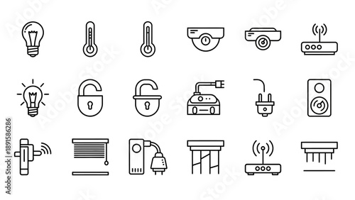 Collection of Simple Line Icons for Smart Home Devices.