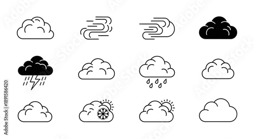 Collection of various weather condition icons including clouds, rain, sun and wind for weather forecasting and meteorological representation