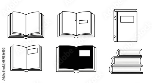 Collection of six simplified line art illustrations of books and stacks of books in various open and closed positions, presented on a white background