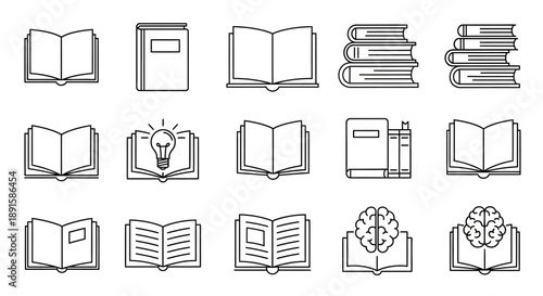 Collection of simple line icons representing various books and a brain, symbolizing knowledge, study, and mental growth, arranged neatly to convey education and learning.