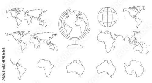 Collection of Outline Maps of Continents and a Globe Showing World Geography and Cartography