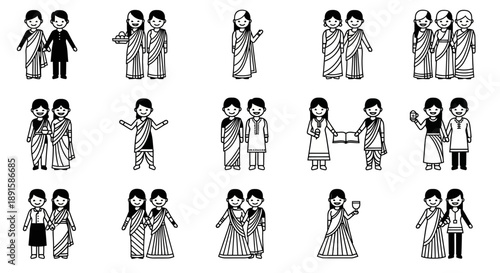 Various cultural and social interactions depicted through simple black and white illustrations of people