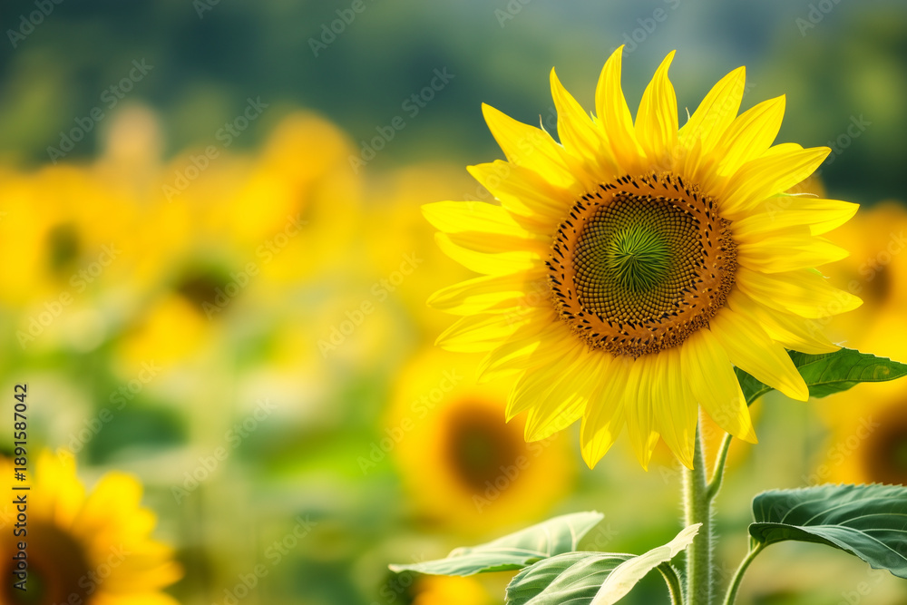 Obraz premium Single Sunflower Blooming in Field with Soft Background