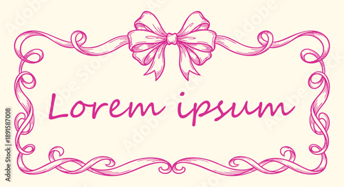 Vintage ribbon bow frame in an elegant hand drawn sketch style. A pink vector illustration of an ornate rectangular border for wedding invitations, certificates, and luxury gift branding.