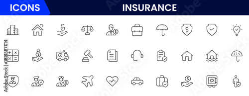 Insurance and assurance icon set. Containing healthcare medical, life, car, home, travel insurance icons.