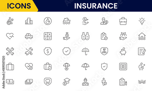 Insurance and assurance icon set. Containing healthcare medical, life, car, home, travel insurance icons.