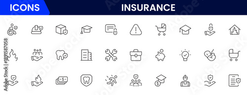 Insurance and assurance icon set. Containing healthcare medical, life, car, home, travel insurance icons.