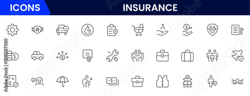 Insurance and assurance icon set. Containing healthcare medical, life, car, home, travel insurance icons.