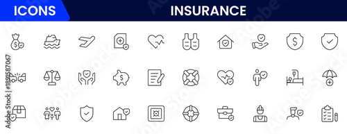 Insurance and assurance icon set. Containing healthcare medical, life, car, home, travel insurance icons.