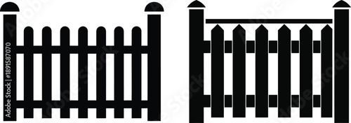 Black silhouette icon set featuring two traditional picket fence designs for property boundary